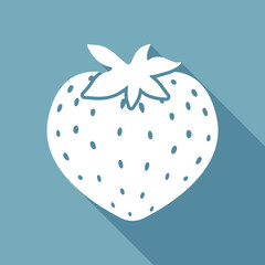 strawberry icon. White flat icon with long shadow on background
