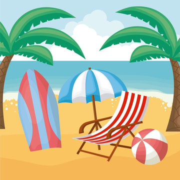 Beach with surfboard and parasol and other related icons, colorful design vector illustration