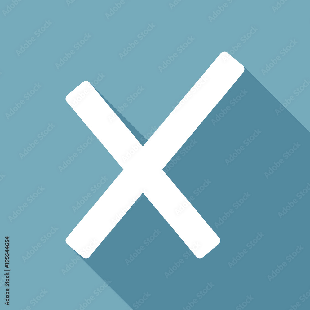 Poster wrong mark icon. white flat icon with long shadow on background