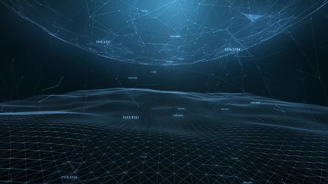 Futuristic rotating network globe with motion numbers background, view from space. 