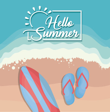Hello summer design with surfboard and sandals over beach background, colorful design vector illustration