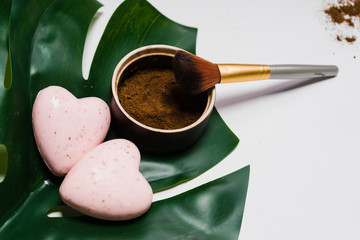 on a white background there is a green leaf, a scrub and a brush