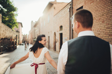 Lovely hugging wedding couple stands before the gates to an old 