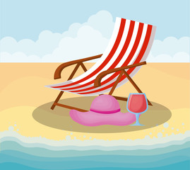 Beach with chair and cocktail drink over beach background, colorful design vector illustration