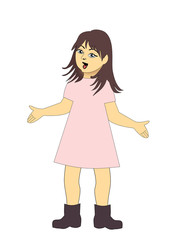 A happy little girl, in a pink dress, drawn over a white background.
