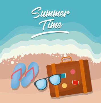 Summer time design with suitcase and glasses over beach background, colorful design vector illustration