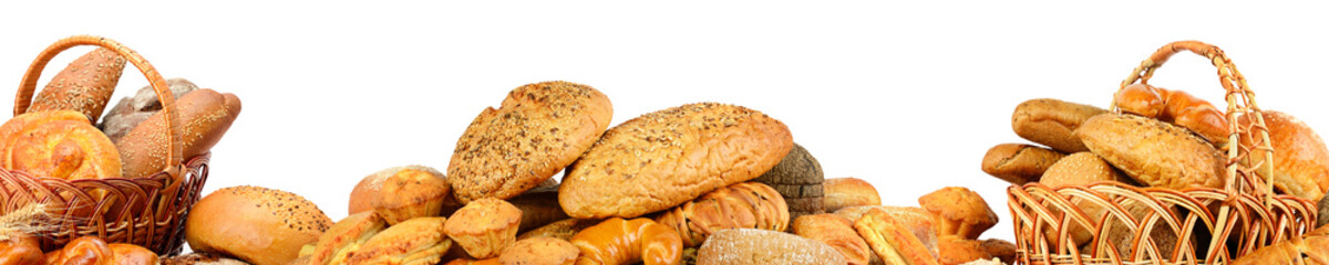 Wide collage freshly baked bread items isolated on white
