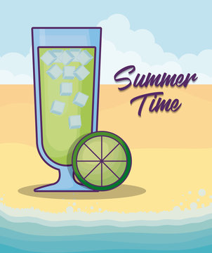 Summer time design with cocktail drink and lemon slice icon over beach background, colorful design vector illustration