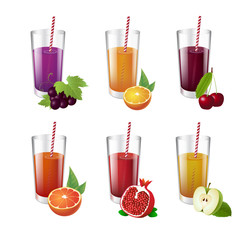 Collection of realistic glasses with tasty juice and straw. Vector realistic illustration.