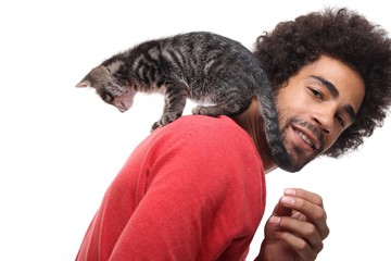 Afro man with a cat