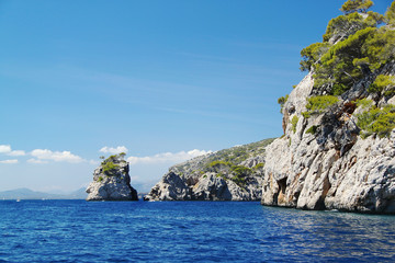 Spain. Palma de Majorca. Amazing stone landscape and blue water of mediterranean sea. Beautiful background.