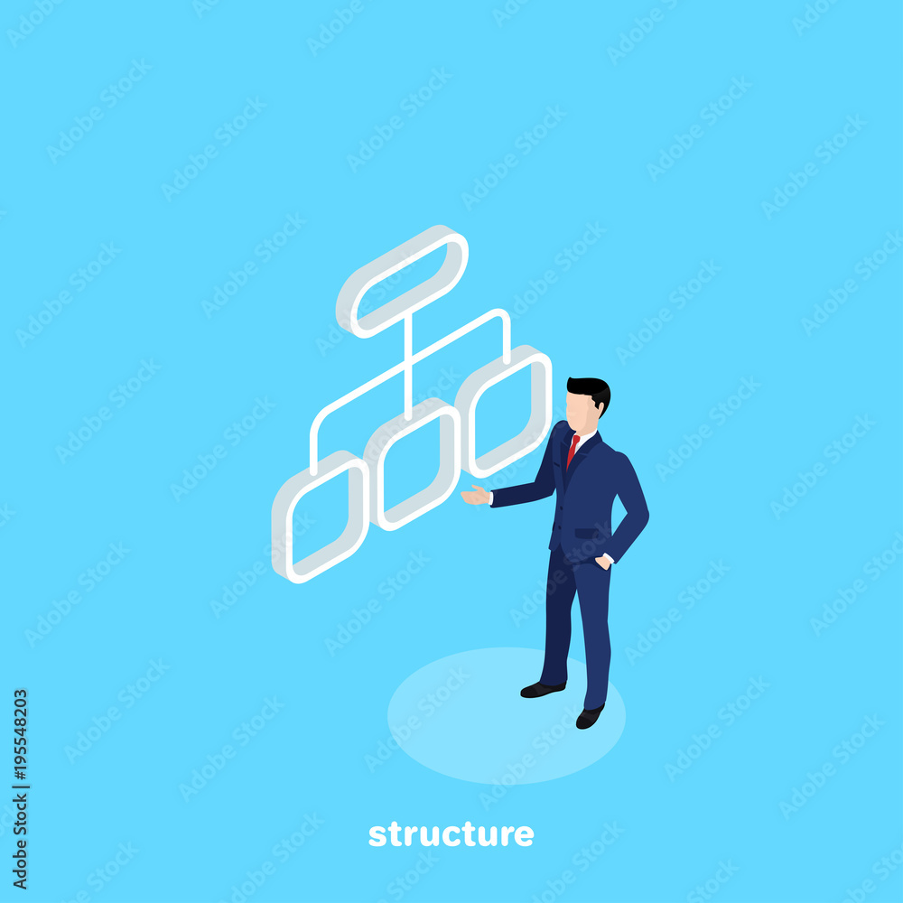 Poster a man in a business suit points out the structure of an object, an isometric image