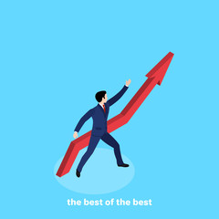 a man in a business suit with a confident gesture points to the growth of the chart, an isometric image