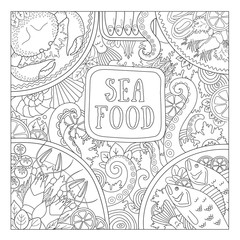 Sea food. Design concept for shop, restaurant, template for labels, banner, signboard, menu. Vector outline hand-drawn illustration.