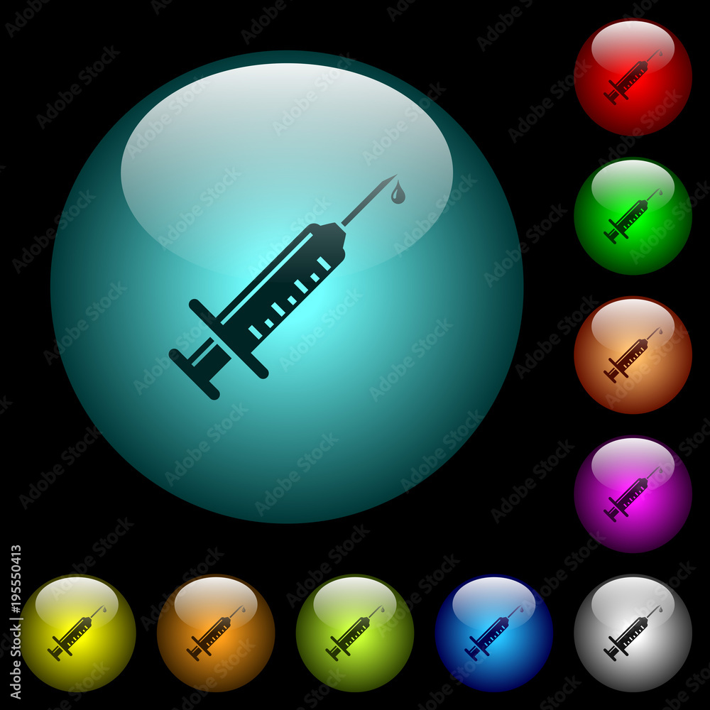 Aufkleber syringe with drop icons in color illuminated glass buttons
