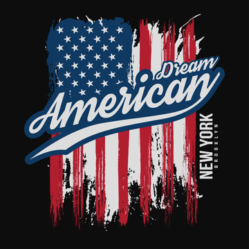 T-shirt graphic design with american flag and grunge texture. New York typography shirt design. Modern poster and t-shirt graphic design