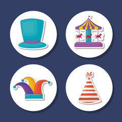 icon set of Circus carnival concept over white circles and blue background, vector illustration