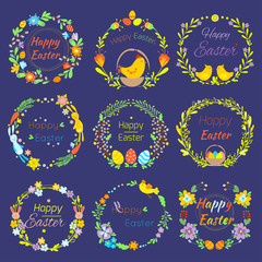 Happy Easter text quote in flowers branch and eggs traditional decoration elements handdrawn badge lettering greeting Easter celebrate card and natural wreath spring flower illustration