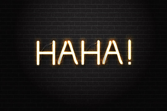 Vector realistic isolated neon sign of HAHA lettering for decoration and covering on the wall background. Concept of social media and laugh.