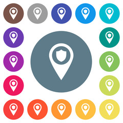 Police station GPS map location flat white icons on round color backgrounds