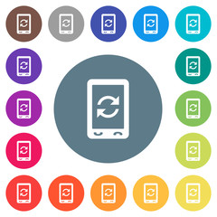 Mobile syncronize flat white icons on round color backgrounds