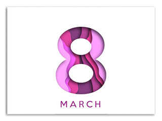 March 8. International Women Day. Vector spring holiday illustration. Paper cutout number eight. Origami style banner. Feminism concept. 8 march decoration