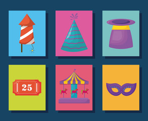 Fototapeta na wymiar Icon set of Circus carnival concept over colorful squares and blue background, vector illustration