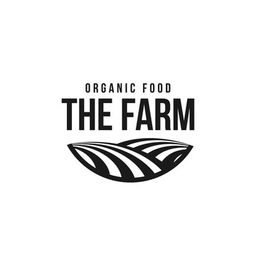 The farm logo template. Meadow silhouette, land symbol with horizon in perspective. Farm food badge