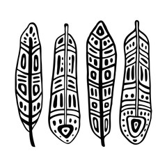 Ethnic Feathers Set. Hand drawn vector illustration. Design element