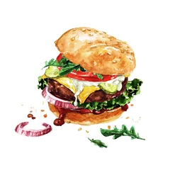Gordijnen Traditionele hamburger. Aquarel illustratie. © nataliahubbert