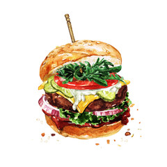 Traditional hamburger. Watercolor Illustration.