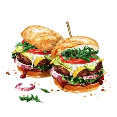 Poster Traditional hamburgers. Watercolor Illustration. © nataliahubbert