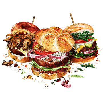 Angus, Swiss and Classic burgers. Watercolor Illustration.