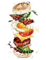 Zelfklevend Fotobehang Ontbijt hamburger. Aquarel illustratie. © nataliahubbert