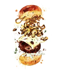 Keuken spatwand met foto Swiss mushroom burger. Watercolor Illustration. © nataliahubbert
