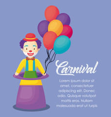 Circus carnival infographic with magic hat with a clown icon over purple background, colorful design vector illustration