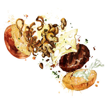 Swiss mushroom burger. Watercolor Illustration.