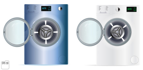 Washing machines with an open door detail on white background