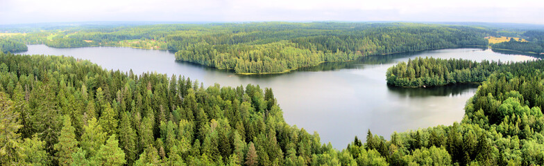 Panoramic aerial view of a lake among the forests of Finland