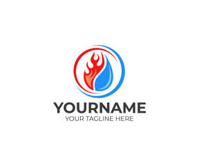 Flame and drop water, cooling and heating logo template. Plumbing, heating, gas supply, air conditioner, service and repair vector design. Renewable energy source illustration
