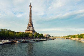 Eiffel tower in Paris from the river Seine in spring season. Paris, France.