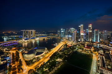 Aerial view of Singapore business district and city at twilight in Singapore, Asia.