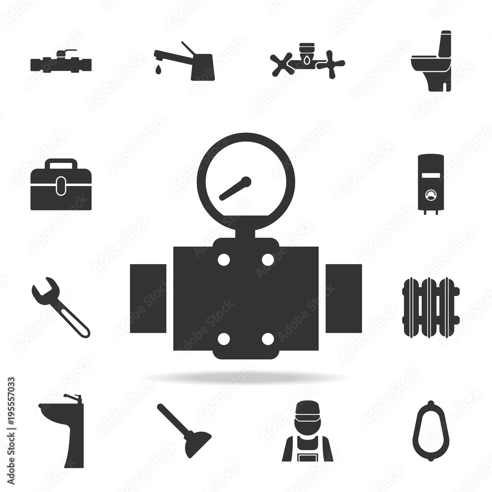 Poster pressure sensor on pipeline icon. detailed set of plumber element icons. premium quality graphic des