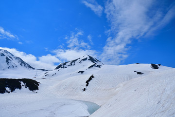 雪山と凍った池の情景