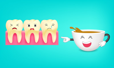 Tooth character and cup of coffee. Coffee makes your teeth yellow. Dental care concept, funny  illustration.