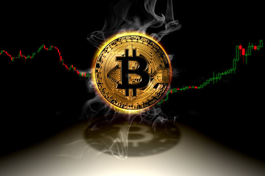 bearish and bullish trend bitcoin price with financial  graph and smoke, conceptual illustration