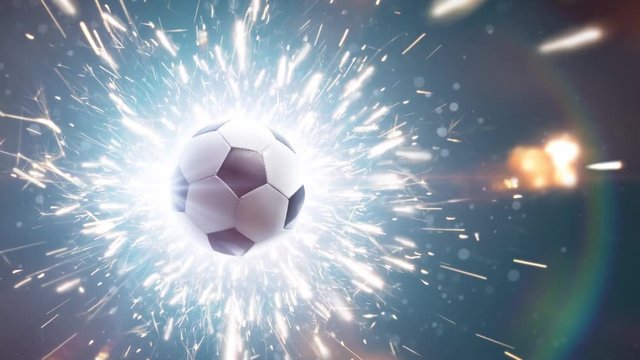 Soccer. Soccer ball. Dramatic soccer background with fire sparks in action