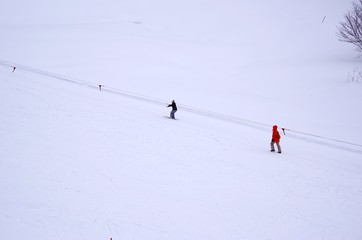 Fototapeta na wymiar スキー場でスキーの練習をする人たち