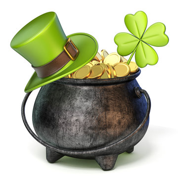 Iron pot full of golden coins, Green St. Patrick's Day hat and clover 3D