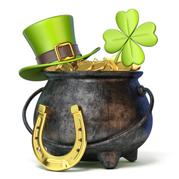 Iron pot full of golden coins, Green St. Patrick's Day hat, clover and horseshoe 3D